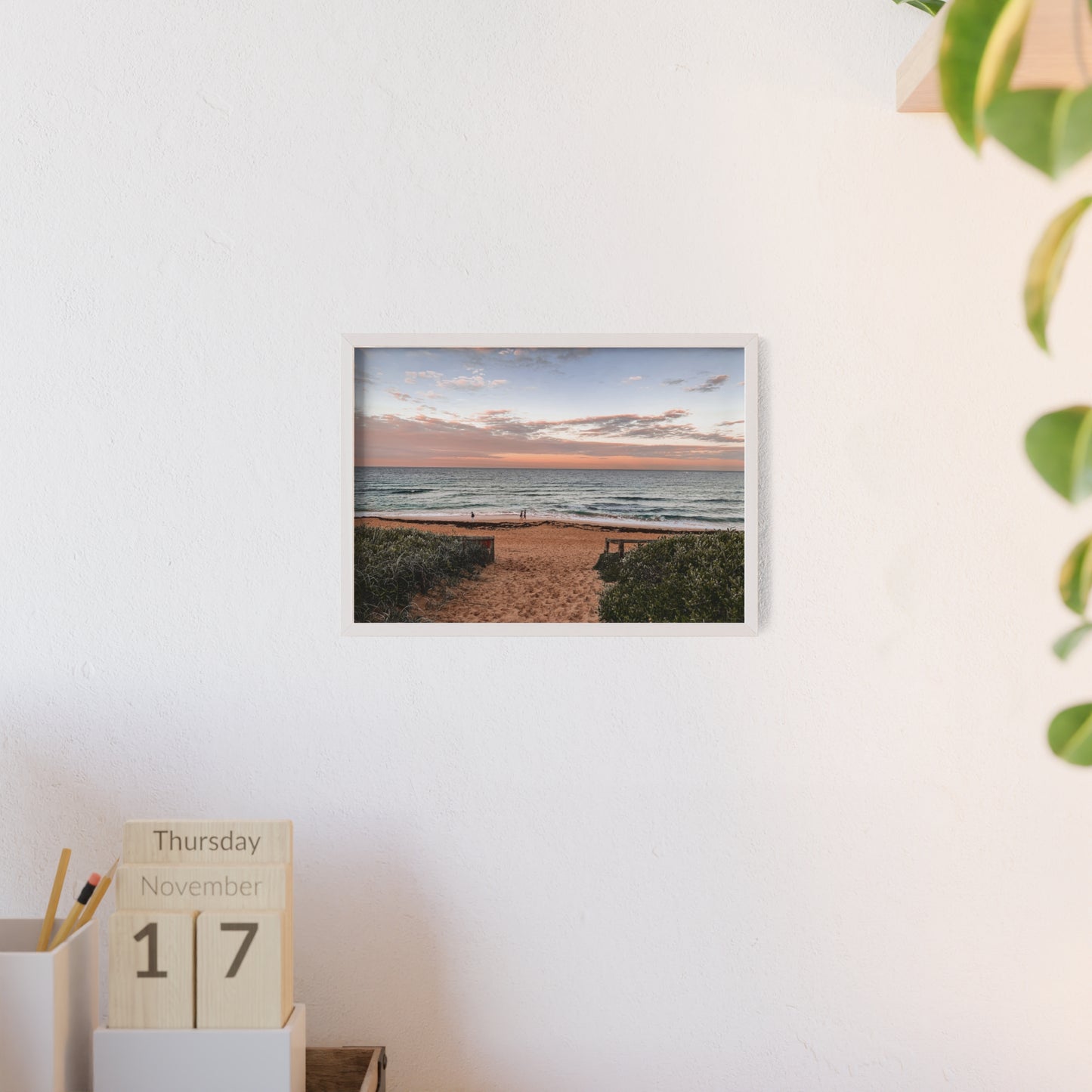 Beach Sunset Wooden Frame Poster